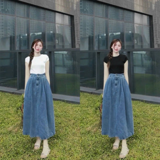 Set đồ nữ áo thun trơn kèm chân váy jeans Qc cao cấp phù hợp đi làm đi chơi D402