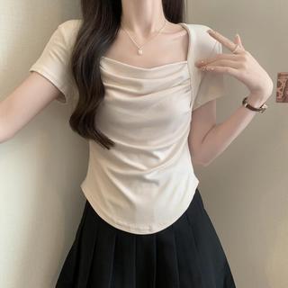  Áo thun nữ Áo ngắn tay nữ cổ vuông vạt bầu chất vài thun tăm co giãn mặc đi chơi phong cách Hàn Quốc AOT132 