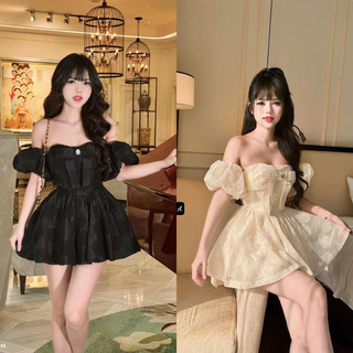 Váy ren xoè hoa nổi cup ngực tay phồng trễ vai đính nơ, hàng thiết kế