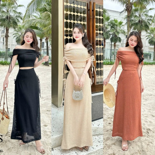 Set áo xốp trễ vai, chân váy Size: SML-Xl 580k