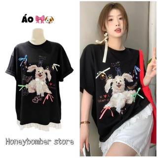 Áo Thun Đen Phối Viền Nơ Dogg 🌸 Áo Phông Nữ Form Rộng Tay Lỡ Ulzzang🌸