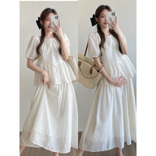 Set Váy Đầm Bầu Sang Chảnh Cộc Tay Mùa Hè Chất Liệu Tơ Tằm Cao Cấp, Gồm Áo Babydoll Và Chân Váy Dáng Dài, đi chơi đi làm