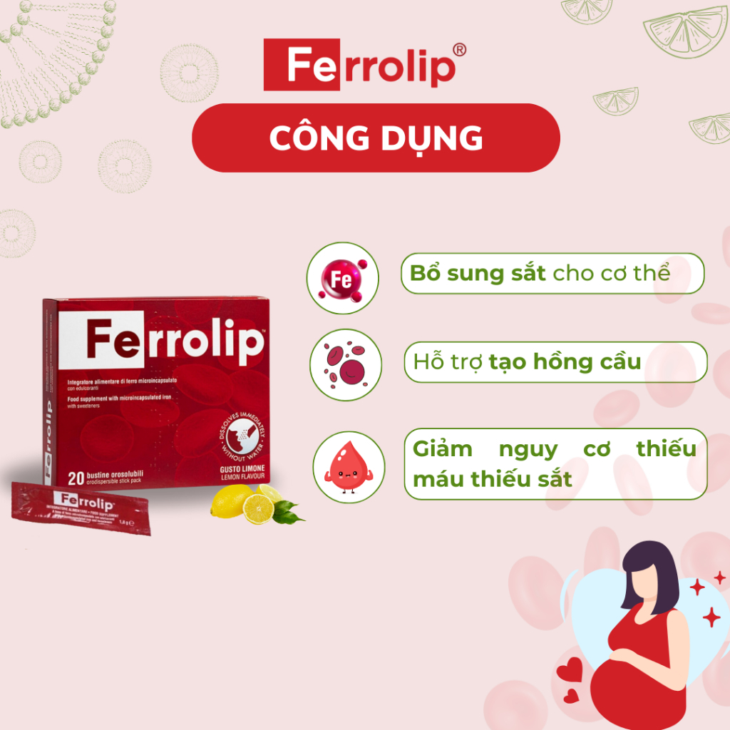 chính hãng - Sắt Bột FERROLIP Bổ Sung Sắt Hữu Cơ dễ hấp thu vị chanh - Hộp 20 Gói