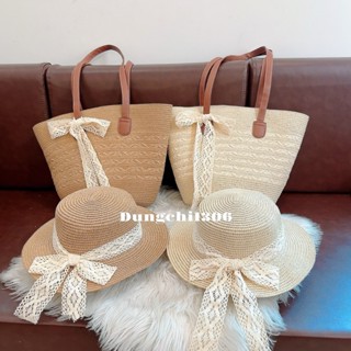 Set túi mũ cói bện quai da size to mix nơ ren xinh xắn