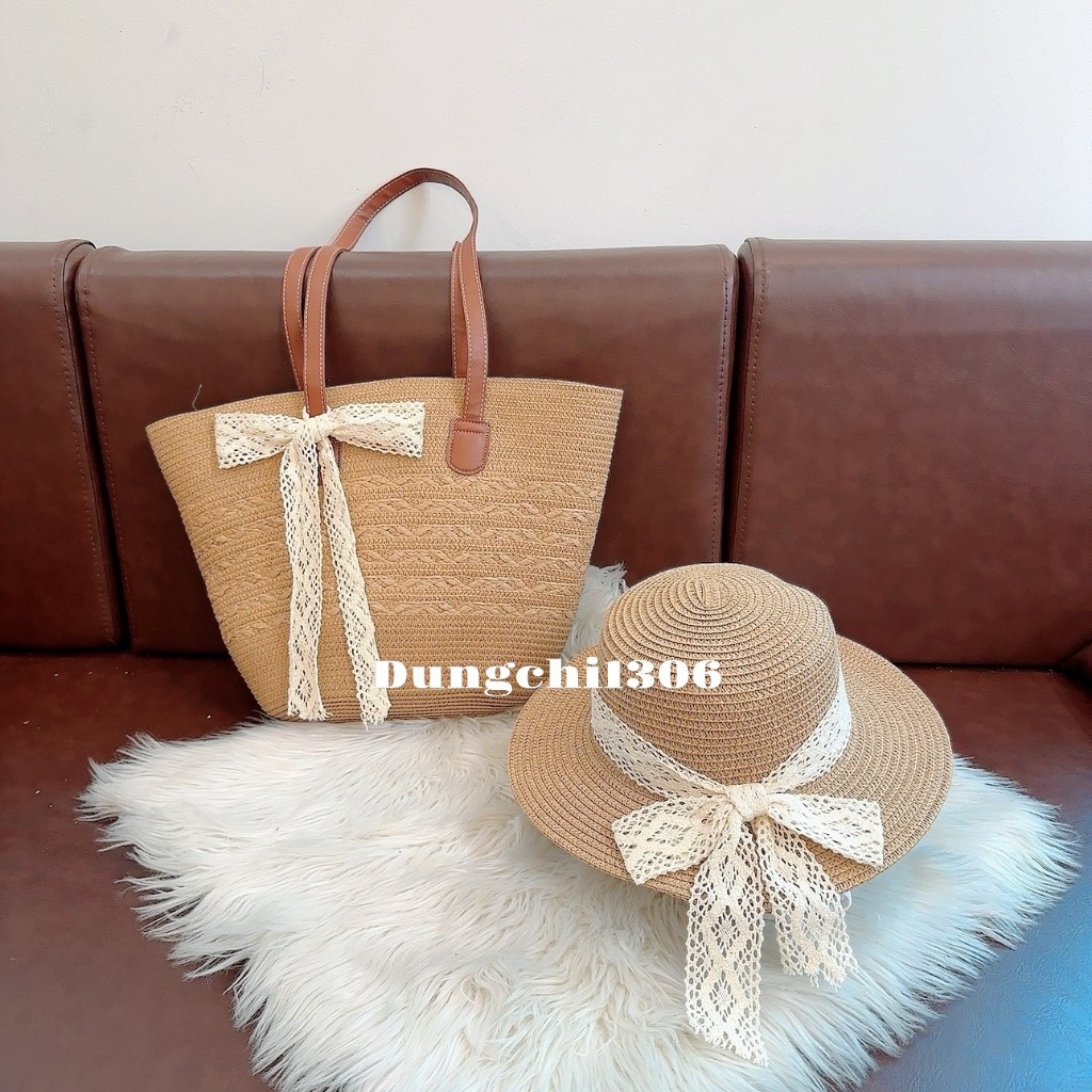 Set túi mũ cói bện quai da size to mix nơ ren xinh xắn | BigBuy360 - bigbuy360.vn