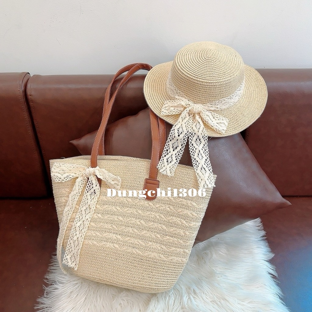 Set túi mũ cói bện quai da size to mix nơ ren xinh xắn | BigBuy360 - bigbuy360.vn