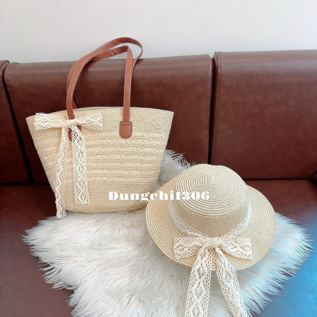 Set túi mũ cói bện quai da size to mix nơ ren xinh xắn | BigBuy360 - bigbuy360.vn