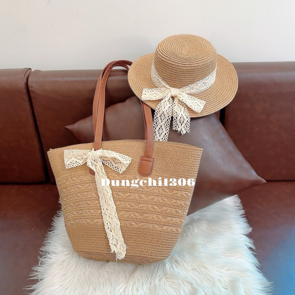 Set túi mũ cói bện quai da size to mix nơ ren xinh xắn | BigBuy360 - bigbuy360.vn