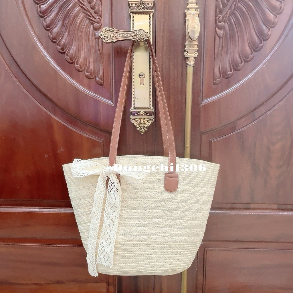 Set túi mũ cói bện quai da size to mix nơ ren xinh xắn | BigBuy360 - bigbuy360.vn