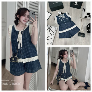 Set bò chấm bi phối ren siêu xinh Vải bò chấm bi QC cao cấp chuẩn y mẫu, phối viền ren hoạ tiết y ảnh