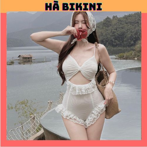 Bikini đồ bơi đi biển 1 mảnh ren bèo hai màu trắng đen xinh xắn + khăn turban xinh xắn HÀ BIKINI | BigBuy360 - bigbuy360.vn