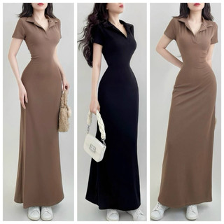 đầm maxi nữ , đầm nữ cổ sơ mi dáng dài xoè nhẹ đan dây lưng lên form cực tôn dáng