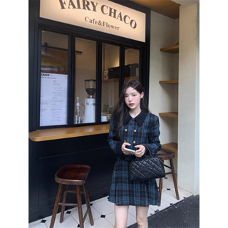  Set dạ kẻ quảng châu phối chân váy xếp ly cổ bẻ phong cách hàn quốc 