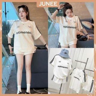 Set bộ đồ nữ áo phông notimen chữ in phối sọc kẻ tay mix quần đùi cạp chun viền sọc dáng freesize