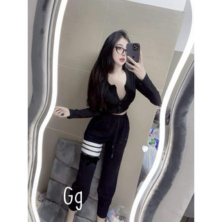 Set Bộ Thể Thao Áo Croptop Tay Dài Mix Quần Jogger Phối Sọc 4G160095