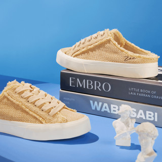  Giày Sục Đạp Gót Vải Tweed Màu Kem ZOE Sneaker Mules Vải Tuýt Sang trọng nam nữ đế tăng chiều cao 