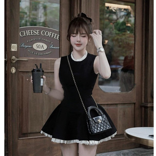 Váy Umi Cổ Tròn Phối Viền Bèo Dáng Ngắn Xoè Bồng Dễ Thương Phong Cách Hàn Quốc Sang Chảnh Basic