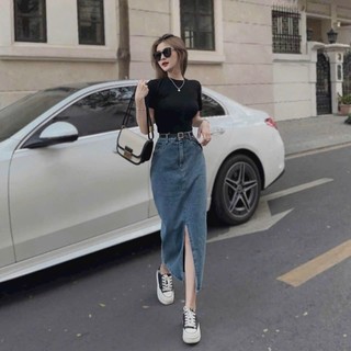 Set thời trang nữ mặc đi chơi chất áo thun cổ tròn tay ngắn váy jean xẻ tà dài maxi tôn dáng sang chảnh