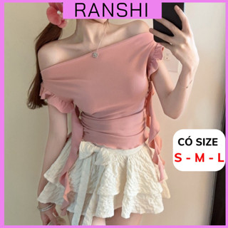 [CÓ SIZE] Áo Trễ Vai Ranshi HAI LỚP Thiết Kế Dây Tua Rua Tay Ngắn Cho Nữ Sexy Chất Thun Cotton Mịn Đẹp - RA247