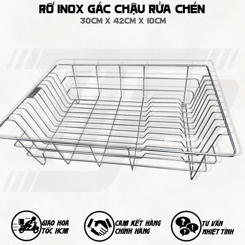 Rổ Inox Gác Chậu Rửa Chén 42x30- Kệ Inox Gác Bồn Rửa Chén - Rổ Inox 304 Úp Chén Dĩa / Làm Ráo