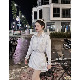 Set áo sơmi kẻ kèm chân váy thêu nơ
