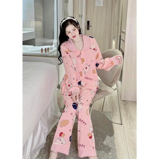 Bộ pijama ngủ nữ tay dài quần dài hoạt hình dễ thương cổ sen mặc nhà kate thô