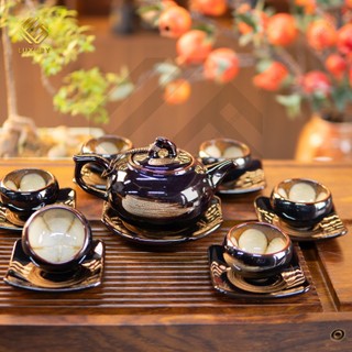 Bộ ấm chén Quả hồng nâu xước viền vàng 7 món - Gốm sứ Bát Tràng