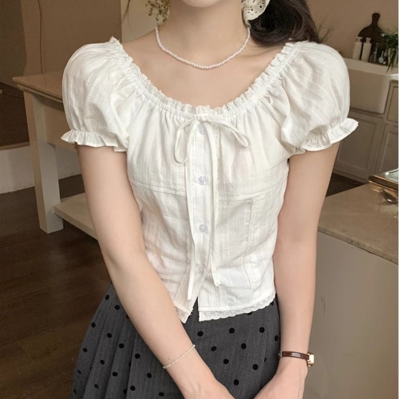 (Có size sẵn) Áo sơ mi ngắn tay trắng thắt nơ Yummy phối ren, Áo sơ mi cách điệu dễ thương S08 | BigBuy360 - bigbuy360.vn