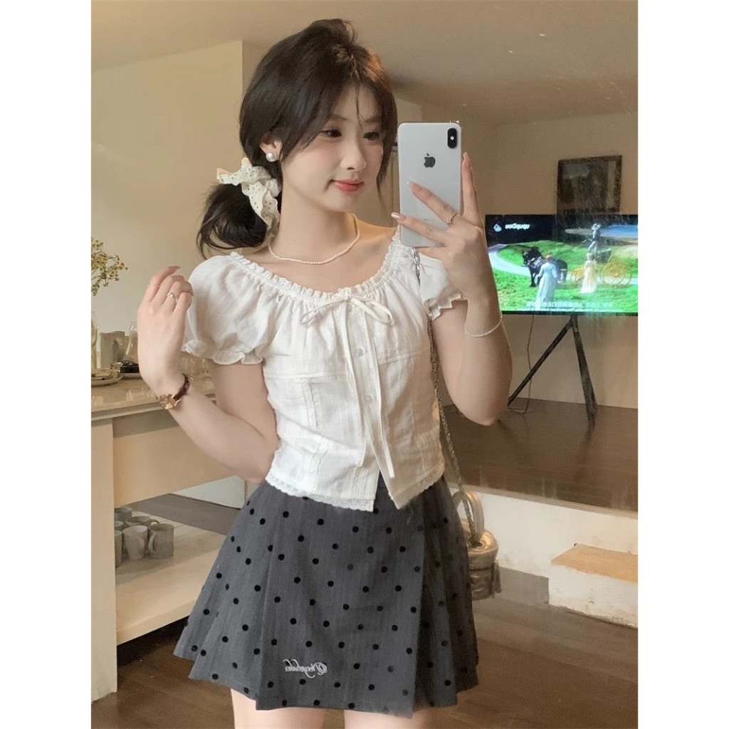 (Có size sẵn) Áo sơ mi ngắn tay trắng thắt nơ Yummy phối ren, Áo sơ mi cách điệu dễ thương S08 | BigBuy360 - bigbuy360.vn