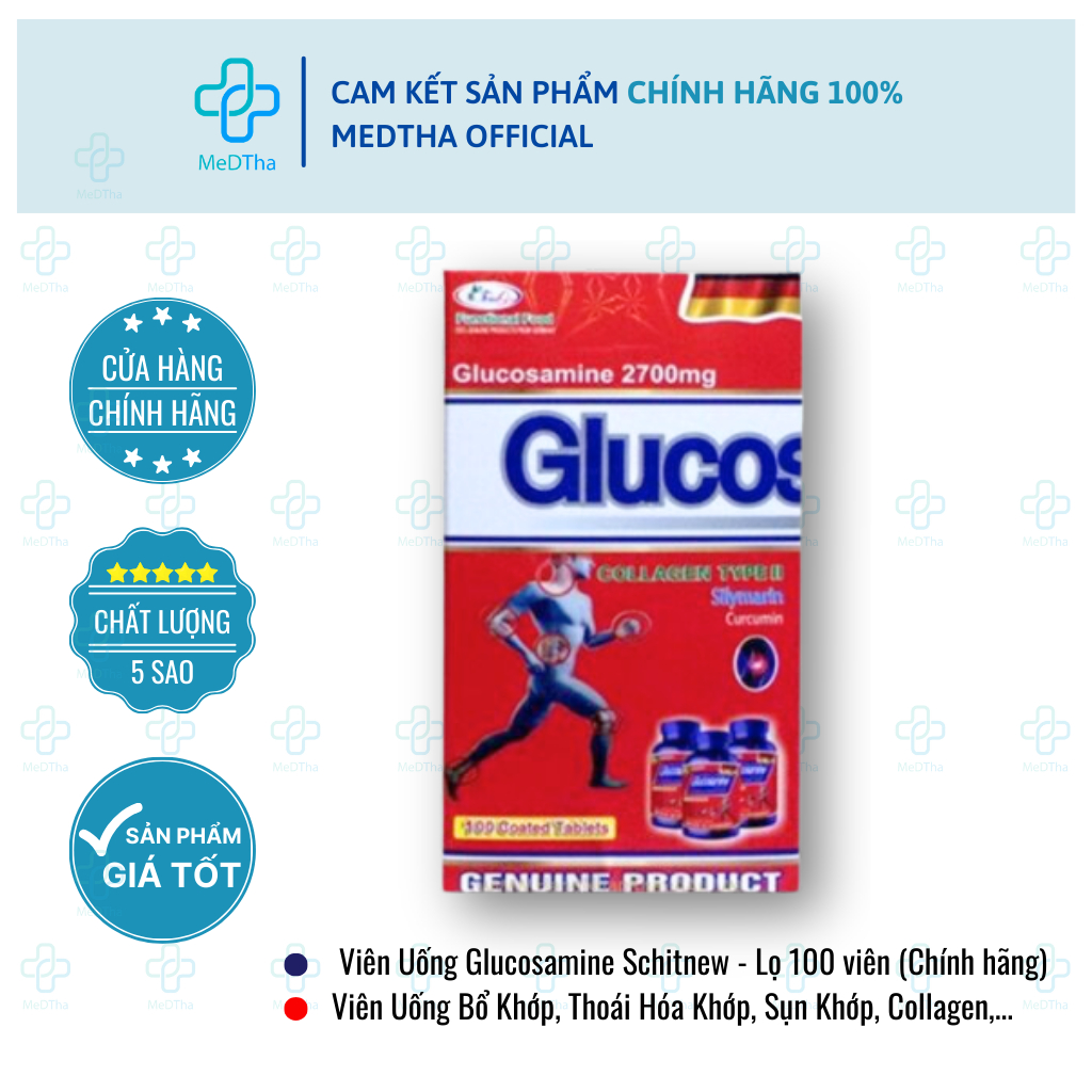 Glucosamine Schitnew - Viên Uống Bổ Khớp, Thoái Hóa Khớp, Sụn Khớp, Collagen, Canxi, D3 (Lọ 100 Viên)