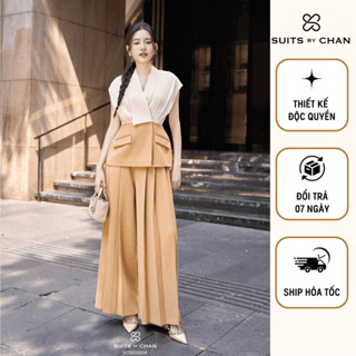 Set đồ nữ áo cổ V xếp li + quần dài xếp li ống suông Mira tôn dáng - SUITS BY CHAN SCSE00004