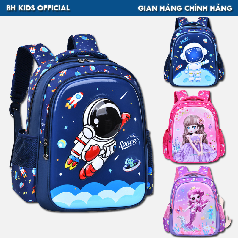Balo họa tiết hoạt hình 3D nổi BH Kids cho bé cấp 1, chất liệu vải Polyester chống thấm nước