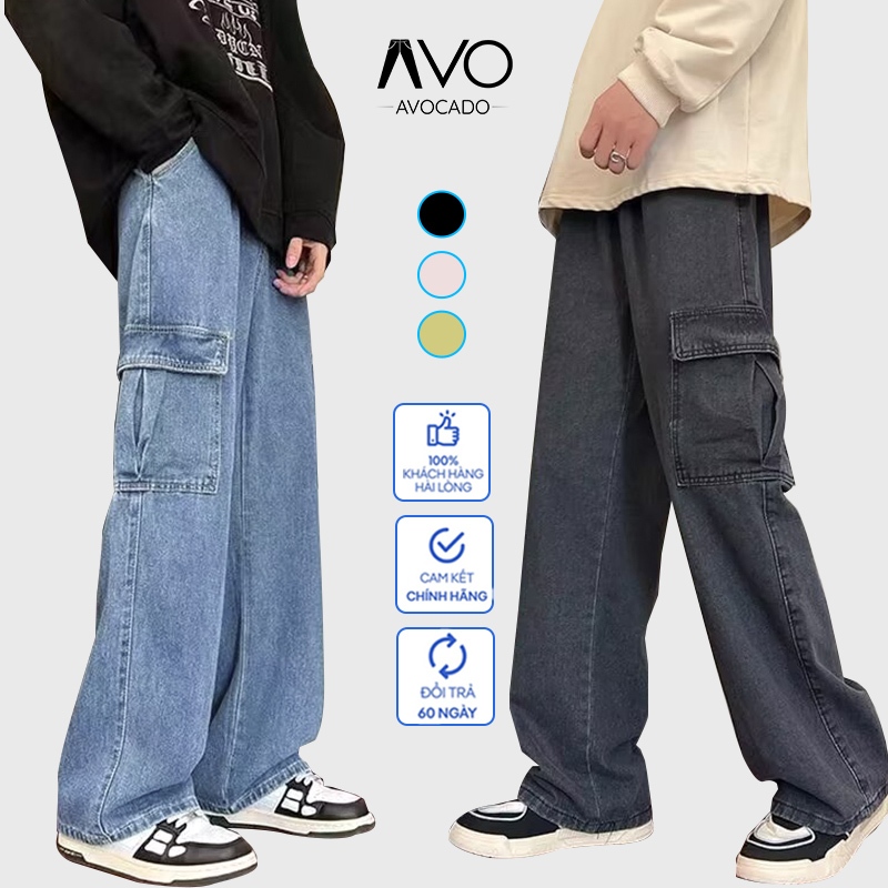 Quần Bò Jeans nam nữ baggy ống xuông Túi hộp Cargo Pants rộng Unisex Bigsize Avocado