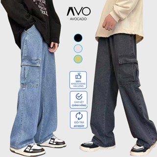 Quần Bò Jeans nam nữ baggy ống xuông Túi hộp Cargo Pants rộng Unisex Bigsize  Avocado