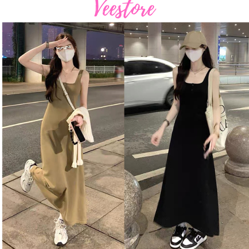 Váy 2 dây dáng dài cúc ngực, đầm 2 dây dáng dài Quảng Châu phong cách tiểu thư VEESTORE