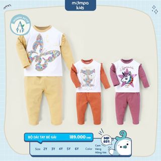 Bộ dài tay cho bé Mompa từ 2-6 tuổi vải Cotton Actif co giãn hạt sequins lấp lánh MP 851