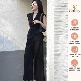 Set Bộ 2 Món Áo Gile Cổ V Sát Nách Phối Quần Tây Suông Lưng Cao mix dây Cột Eo Tone Đen Basic Thanh Lịch Sang Chảnh