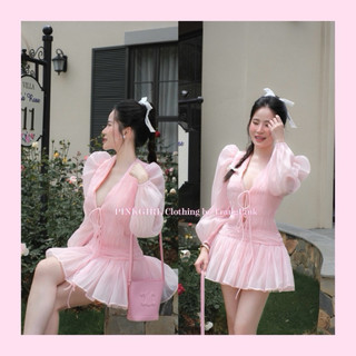 𝐏𝐢𝐧𝐤𝐆𝐢𝐫𝐥 𝐂𝐥𝐨𝐭𝐡𝐢𝐧𝐠_Đầm  𝐃𝐨𝐧𝐢𝐚 𝐃𝐫𝐞𝐬𝐬 tay dài xoè phồng nhúng eo màu hồng xinh xắn( Ảnh thật)