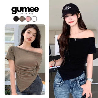 Áo kiểu nữ lệch vai ngắn tay Gumee, áo trễ vai nữ vạt chéo nhọn cổ thuyền chất thun mềm - G04