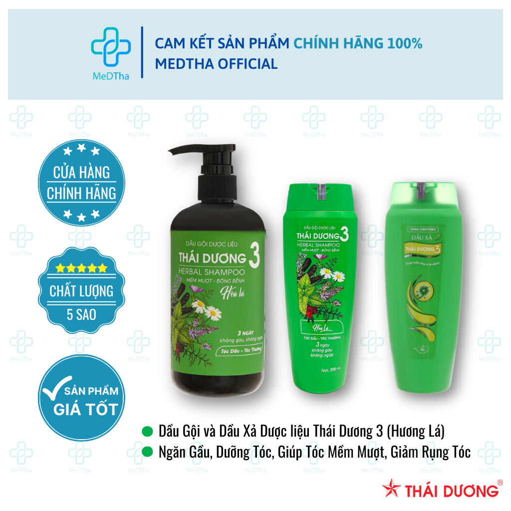 Dầu Gội và Xả Dược Liệu Thái Dương 3 (Hương Lá) - Giảm Rụng Tóc, Dưỡng Tóc (Chai 200ml/500ml)