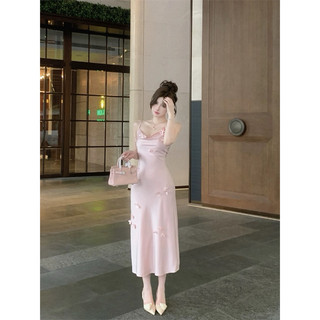 Đầm satin hai dây kết hoa