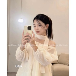 Váy tơ trễ vai kèm dây buộc cổ