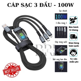 Dây cáp sạc nhanh 3 đầu 100w, dây cáp sạc dữ liệu sạc nhanh 100w micro usb type c 3 trong 1