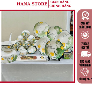 Bộ bát đĩa sứ hoa Tulip 21 chi tiết, Bộ bát đĩa gốm, Gốm sứ bát tràng cao cấp