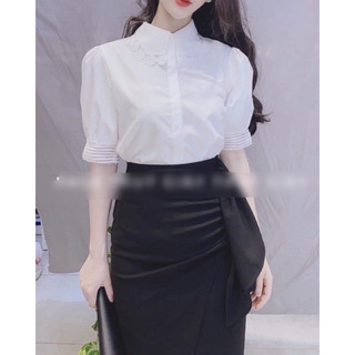 Áo sơ mi trắng cổ ren hoa tay nữ
