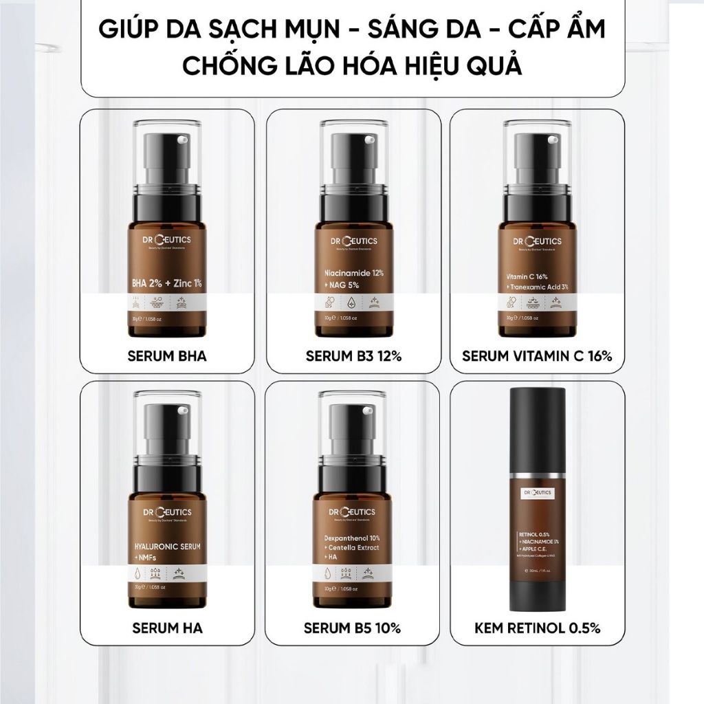 Serum Drceutics Vitamin C, HA, AHA, BHA, B5, B3, Zinc Dưỡng Trắng, Giảm Mụn, Phục Hồi, Cấp Ẩm 30ml