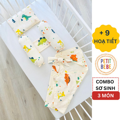 Combo sơ sinh 3 món gối mỏng gối chặn choàng ủ PETIT BEBE muslin cotton thoáng khí thấm hút mồ hôi