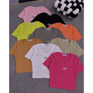 áo cổ tim croptop tay ngắn chất thun bozip đính khoen d trước ngực trend