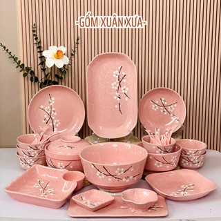 Bộ bát đĩa hoa đào gốm xuân xưa , bát, bát ăn cơm, bát tô, chén sứ, bộ chén dĩa, chén ăn cơm
