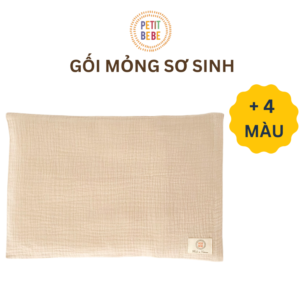 Gối mỏng lót đầu bé sơ sinh PETIT BEBE muslin thấm hút thoáng khí màu trơn